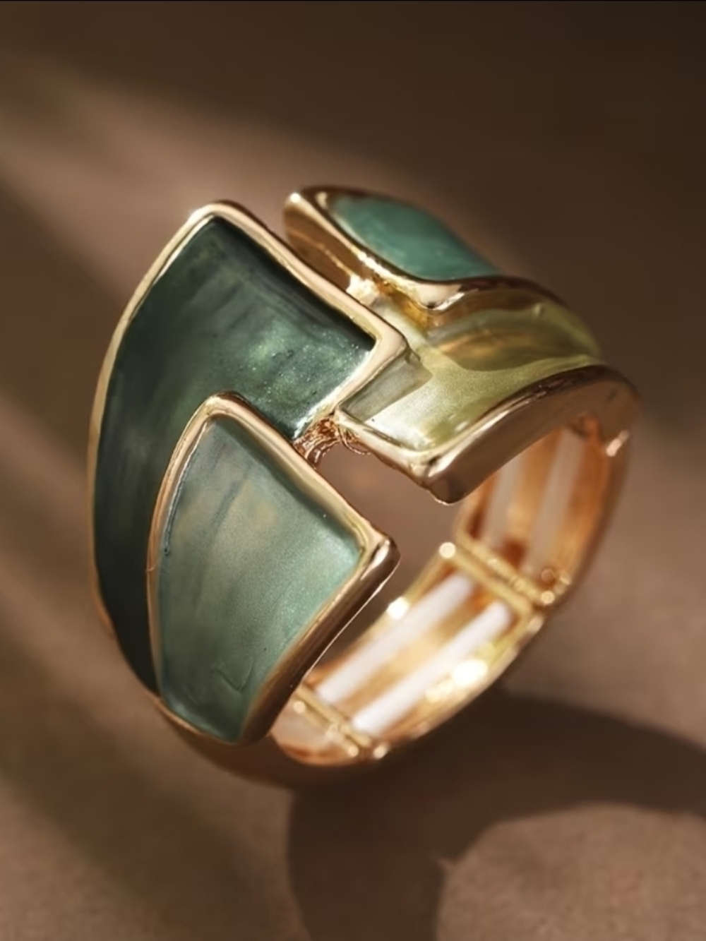 Stretchy Gold-Tone Green Enamel Statement Ring - Women Jewelry No Tarnish
